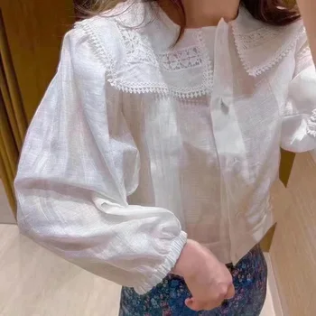Женская Блузка С Кружевным Пышным Рукавом и Матросским Воротником, Повседневная Рубашка Изображение