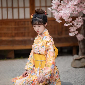 Женская одежда для косплея, Японская традиционная летняя Юката Желтого цвета, веер, Кимоно с милыми принтами на веерах, одежда для фотосессии Изображение