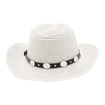Женские И мужские ковбойские соломенные шляпы в западном стиле с широкими полями, летняя панама с завязками для пляжного отдыха (кремово-белая, один размер) Изображение