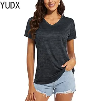 Женские тренировочные рубашки с V-образным вырезом, С коротким рукавом, впитывающие влагу футболки для йоги, быстросохнущие спортивные топы Изображение