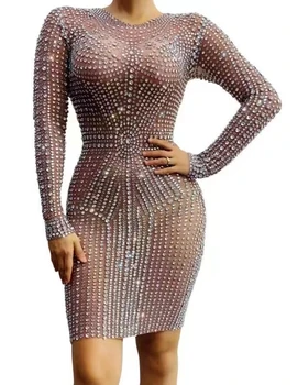 Женский серебристо-розовый прозрачный костюм для боди на день рождения, Праздничный вечерний костюм для танцев с длинными рукавами, костюм для ночного клуба Изображение