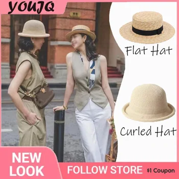 Женщин плоский топ соломенная шляпа весна лето новый вязаный хлопок белье свернутый обод купола шляпу дышащая тени соломенной шляпе Изображение