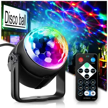 Звукоактивируемый Вращающийся Диско-шар, огни с дистанционным управлением 3 Вт, RGB светодиодные сценические огни для Рождественской Свадьбы, вечеринки с ди-джеем, Лазерный луч Изображение