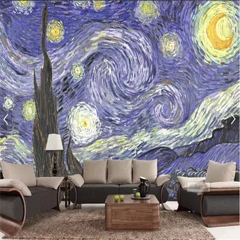 Изготовленная на Заказ Картина Маслом Ван Гога Звездное Небо 3D Фото Обои для Гостиной Обои для Спальни Домашний Декор Papel De Parede 3D Изображение