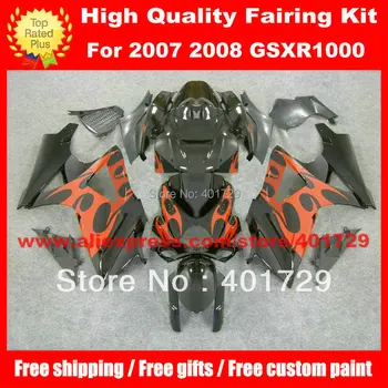 Изготовленный на заказ комплект гоночных обтекателей для Suzuki GSXR1000 2007 2008 GSX-R1000 K7 оранжевое пламя глянцевого черного цвета Изображение