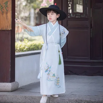 Китайская традиционная одежда для сцены с вышивкой синего журавля для мальчиков, детская одежда Hanfu, детский костюм Tang Изображение