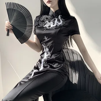 Китайское готическое платье с воротником-стойкой, Emboridery Dragon Qipao, Черный /Красный, Винтажный Длинный халат для вечеринки, Cheongsam, Черный, Сексуальный Изображение