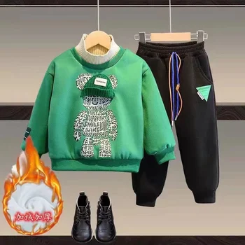 Комплект одежды для маленьких мальчиков и девочек, Осенне-зимний детский плюшевый утепленный свитер, Верхняя одежда, топы, Брюки, Наряды из 2 предметов, Детский костюм Изображение