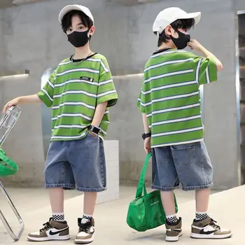 Комплекты одежды для мальчиков, летний хлопковый костюм для мальчиков-подростков, детская рубашка с короткими рукавами и шорты, комплект Изображение