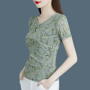 Корейская модная женская одежда, летняя футболка, Элегантные тонкие новые футболки с коротким рукавом, V-образный вырез, газовый офисный женский пуловер, повседневные топы Изображение