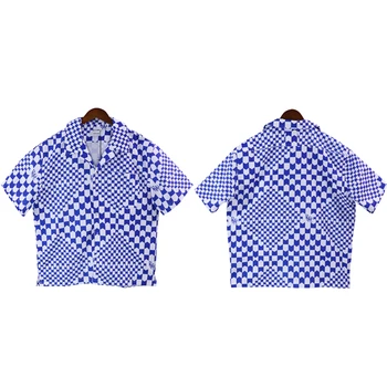 Короткая Рубашка Rhude Blue в Шахматном порядке С Сеткой, Мужские И Женские Рубашки в Гавайском Стиле Изображение