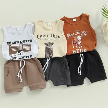 Короткие Комплекты одежды для маленьких мальчиков Лето 2023, Топы с буквами без рукавов для новорожденных, Шорты на шнурке, Одежда от 0 до 3 лет Изображение