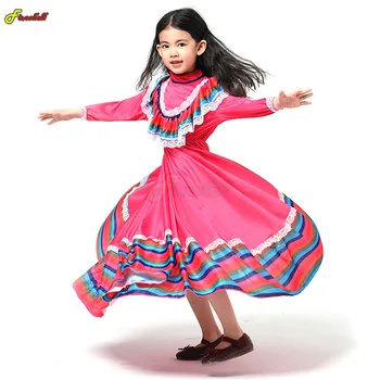 Косплей для девочек, Традиционное народное мексиканское кружевное красное платье, костюм народной танцовщицы из Гвадалахары, Мексика, Детское Нарядное длинное платье Изображение