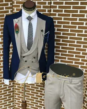 (Куртки + жилет + брюки) Приталенный Британский Деловой костюм Для мужчин, Комплект из трех предметов, Свадебное платье для шафера жениха, Комплекты из блейзеров, Костюм Изображение