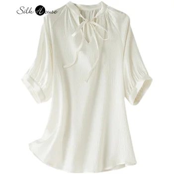 Легкая роскошная Темпераментная Шелковая рубашка с жемчужным атласом и воротником-стойкой, Женская дизайнерская рубашка с рукавом-фонариком, маленькая рубашка, топ из шелка тутового цвета Изображение
