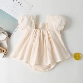Летнее хлопковое детское боди для новорожденных, милое платье для маленьких девочек, однотонное детское боди принцессы с короткими рукавами, хлопковое платье принцессы Изображение