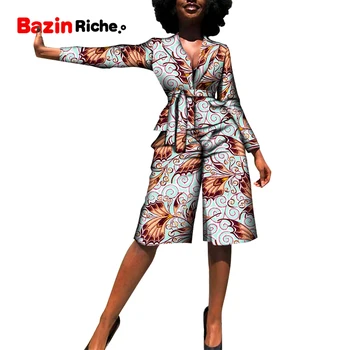 Летние Африканские Платья для женщин с принтом Дашики, Пальто с поясом, Широкие Брюки длиной до колена, Модный Элегантный Офисный Женский Комплект WY8114 Изображение