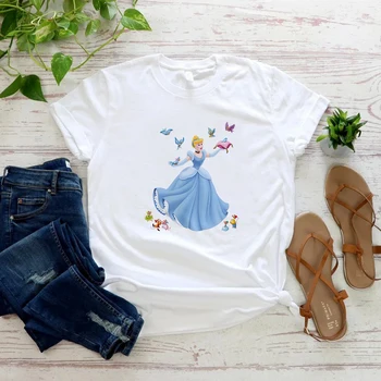 Летние женские футболки, красивая одежда для девочек с принтом принцессы Диснея Золушки, эстетическая женская рубашка в стиле Харадзюку, американская Изображение