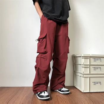 Летние тонкие брюки, мужские модные брюки-карго с карманами, мужская Японская уличная одежда в стиле хип-хоп, Свободные прямые брюки, Мужские брюки оверсайз Изображение