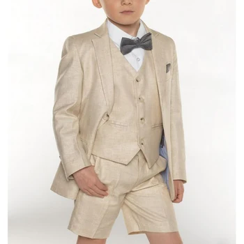 Летний костюм для мальчика, тонкий льняной блейзер с отворотом, Вечерний Свадебный Смокинг, Повседневная детская одежда для мальчиков, куртка из 3 предметов, жилет, Брюки Изображение