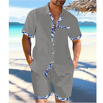 летний новый мужской костюм 2023, трендовый мужской молодежный костюм для отдыха с цифровым принтом, пляжная льняная гавайская рубашка, костюм Изображение
