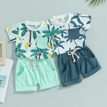 Летняя одежда для маленьких мальчиков, костюмы в пляжном стиле с принтом дерева, Футболки с круглым вырезом и шорты с эластичной резинкой на талии, комплект из 2 предметов Изображение