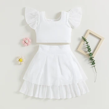 Летняя одежда из 2 предметов для маленьких девочек, повседневные топы с короткими рукавами, белые комплекты юбок с эластичной резинкой Изображение