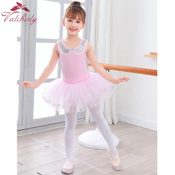 Милое розовое балетное платье-пачка для девочек, детское платье без рукавов, Детский танцевальный костюм Балерины с блестками для малышей Изображение