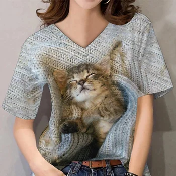 Модная женская футболка с изображением кота с 3D-принтом, летняя футболка с коротким рукавом, одежда из полиэфирного волокна большого размера Изображение