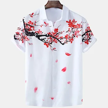 Модная Мужская рубашка, Гавайская Блузка, Уличная Мужская одежда с принтом японского Цветка, Свободная, дышащая, с коротким рукавом, Повседневная Птица Изображение