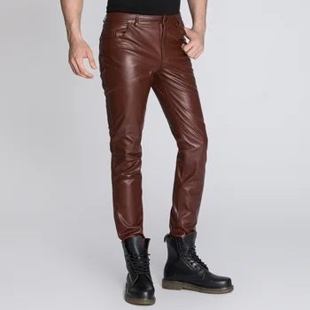 Модные Мужские брюки из натуральной кожи, мотоциклетные винтажные брюки из натуральной кожи и овчины, черные коричневые брюки-карандаш, Размер 4XL Изображение