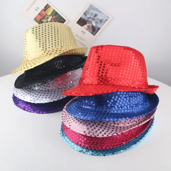 Мужская, женская и детская кепка для вечеринки с блестками, шапочка для мальчика, кепка в стиле хип-хоп, джазовая шляпа для сценического шоу Изображение