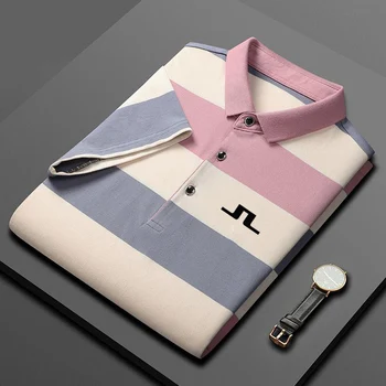 Мужская классическая рубашка поло в полоску для гольфа, повседневная деловая хлопковая футболка с короткими рукавами 2023, летняя спортивная футболка, мужская одежда Изображение