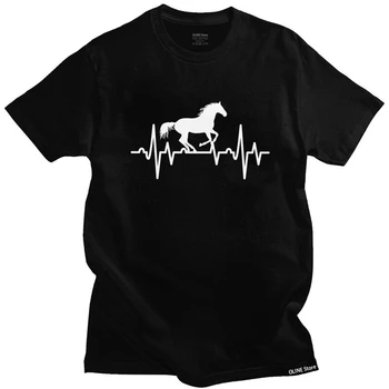 Мужские футболки с сердцебиением лошади, хлопковые футболки с коротким рукавом, Красивая футболка, футболка для отдыха, одежда для верховой езды Изображение