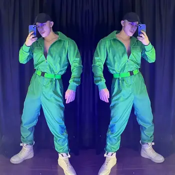 Мужской костюм для хип-хопа и джаза, Зеленый Свободный комбинезон с длинным рукавом, одежда для уличных Танцев, одежда для сцены, одежда для танцоров ночного клуба Изображение