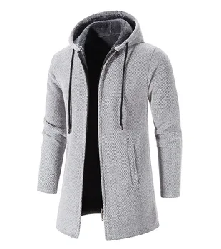 Мужской свитер, пальто с капюшоном, теплое пальто средней длины на молнии, осенне-зимний мужской повседневный вязаный свитер, кардиган, мужская одежда Изображение