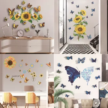 Наклейки на стену в виде подсолнуха, 3d Цветная стерео бабочка, Индивидуальность, Креативный Фон для гостиной, спальни, Декоративные наклейки на стену Изображение