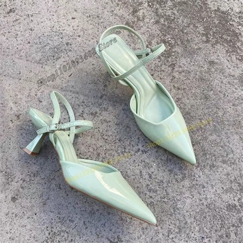 Нефритово-зеленые лаконичные туфли-лодочки с острым носком и ремешком с пряжкой сзади, женская обувь Большого размера 2023, Модные, сексуальные Zapatos Para Mujere Изображение