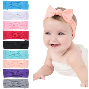Новая популярная модная повязка на голову с бантом для новорожденных, однотонные резинки для волос из хорошего эластичного хлопка высокого качества для детских аксессуаров для волос Изображение
