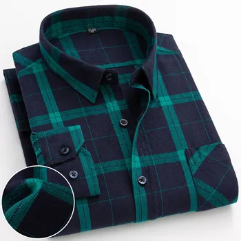 Новые Весенне-Осенние мужские рубашки в клетку из 100% хлопка и фланели, повседневные домашние рубашки с длинным рукавом Regular Fit для мужской одежды 6XL 5XL Изображение