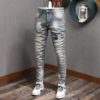 Новые Дизайнерские Модные Мужские джинсы Ретро синего цвета С эластичной резинкой, Облегающие Рваные джинсы, Мужские Винтажные Повседневные Джинсовые брюки-стрейч Hombre Изображение