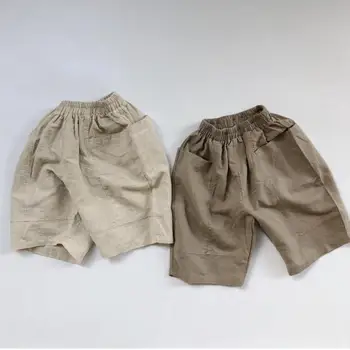 Новые летние детские однотонные шорты 2023 года для маленьких мальчиков и девочек, льняные Повседневные брюки средней длины с карманами, удобные дышащие шорты, Детская одежда Изображение