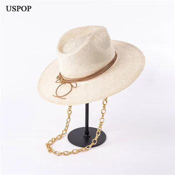 Новые соломенные шляпы USPOP, летние шляпы с широкими полями, пляжная шляпа, солнцезащитная шляпа из натурального сизаля с цепочкой Изображение
