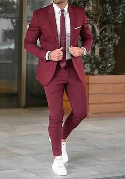 Новый дизайн, Бордовый Мужской костюм, Черный Свадебный приталенный мужской Блейзер для вечеринки, сшитый на заказ, 2 предмета (куртка + брюки), костюм Homme Изображение