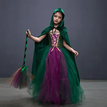 Новый костюм ведьмы с трансграничной доставкой от 2 до 10 лет, Детская длинная юбка-плащ, Газовая юбка на Хэллоуин, костюм для косплея с реквизитом Изображение