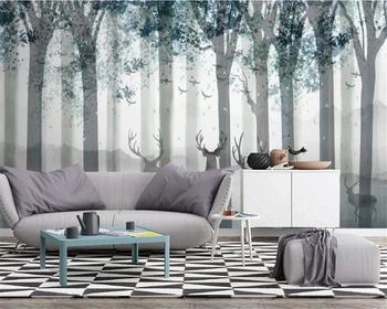 Обои на заказ, скандинавская ручная роспись, свежий лесной лось, диван, ТВ-фон, гостиная, украшение спальни, 3D обои Изображение