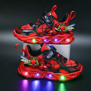 Обувь для мальчиков Disney с мультяшными светодиодными огнями, весенне-осенняя сетчатая детская спортивная обувь для бега, Кроссовки Синего, красного Цвета, Размер 21-36 Изображение