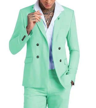 Обычные Мужские костюмы, 2 предмета, Мятно-зеленый Двубортный Смокинг, Официальные Деловые костюмы Жениха, Костюмы для Свадьбы (блейзер + брюки) Изображение