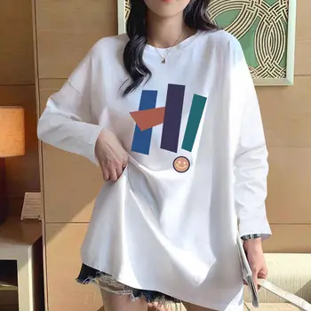 Осенняя белая футболка с длинным рукавом и буквенным принтом для женщин 2023, Новые простые Повседневные Свободные хлопковые пуловеры Изображение