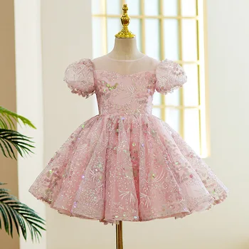 Платье Для крещения младенцев для девочек, детское розовое кружевное платье с пайетками, платье для свадебной вечеринки, фатиновое платье для крещения с бантом, расшитое бисером, одежда для Дня рождения Изображение
